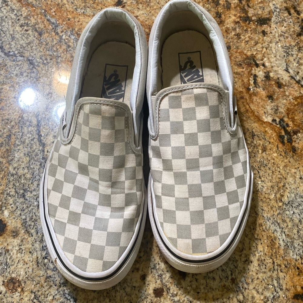 Vans Slip-On Checkerboard Sneakers in White and Light Gray